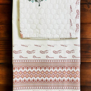 Traditional Rajasthani Double Bedsheet Set, White with Floral Block Print, Pure Cotton, 90x100, Quilted Pillowcases