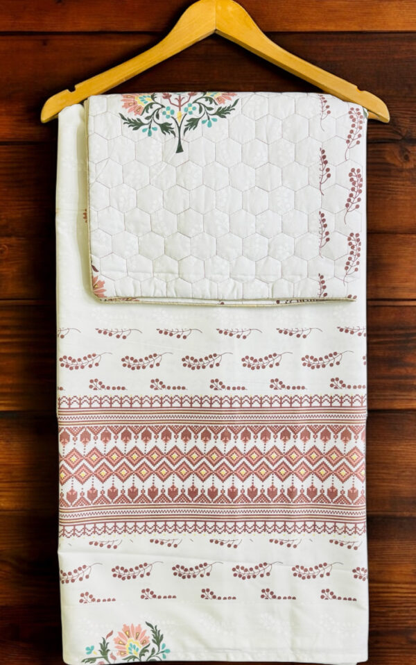 Traditional Rajasthani Double Bedsheet Set, White with Floral Block Print, Pure Cotton, 90x100, Quilted Pillowcases