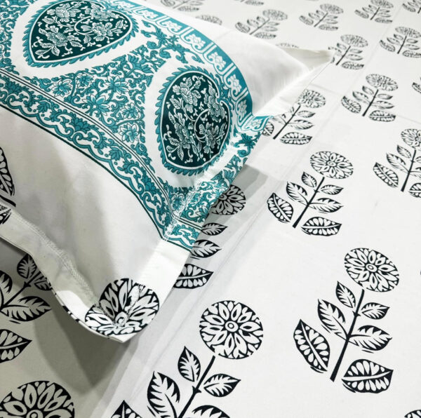 Traditional Block Print Cotton Double Bedsheet Set, White with Turquoise Border, Floral Pattern (90x100) - Image 6