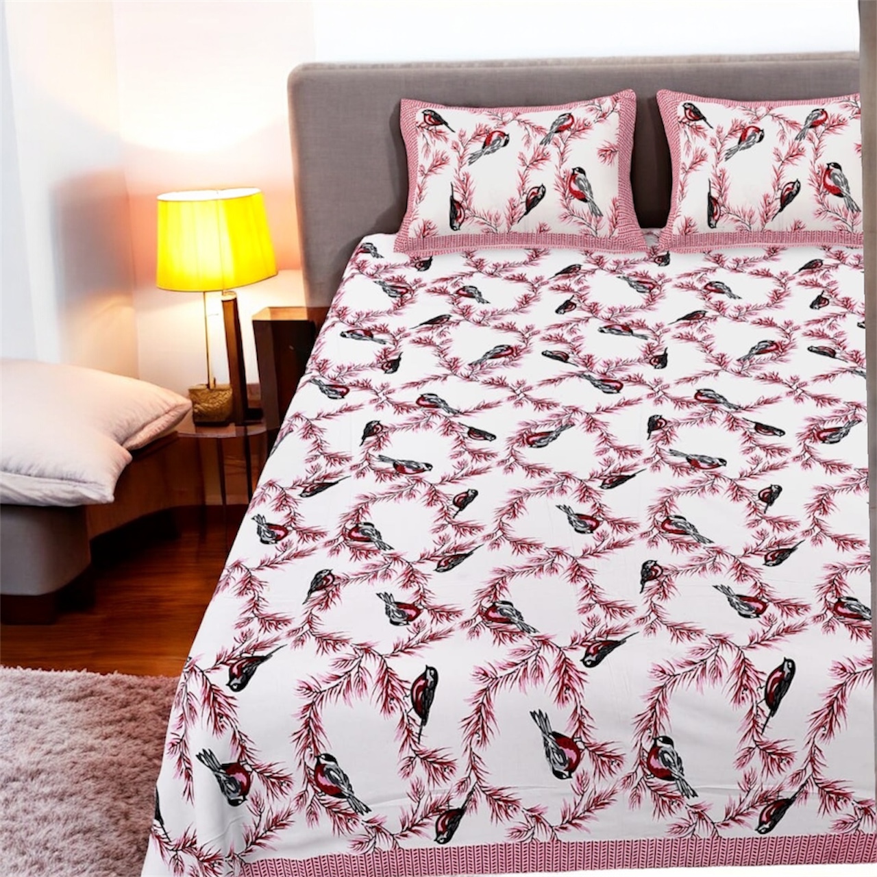 Pure Cotton Bird Print Double Bed Bedsheet Set, 93x108, with 2 Pillow Covers- Pink - Image 4