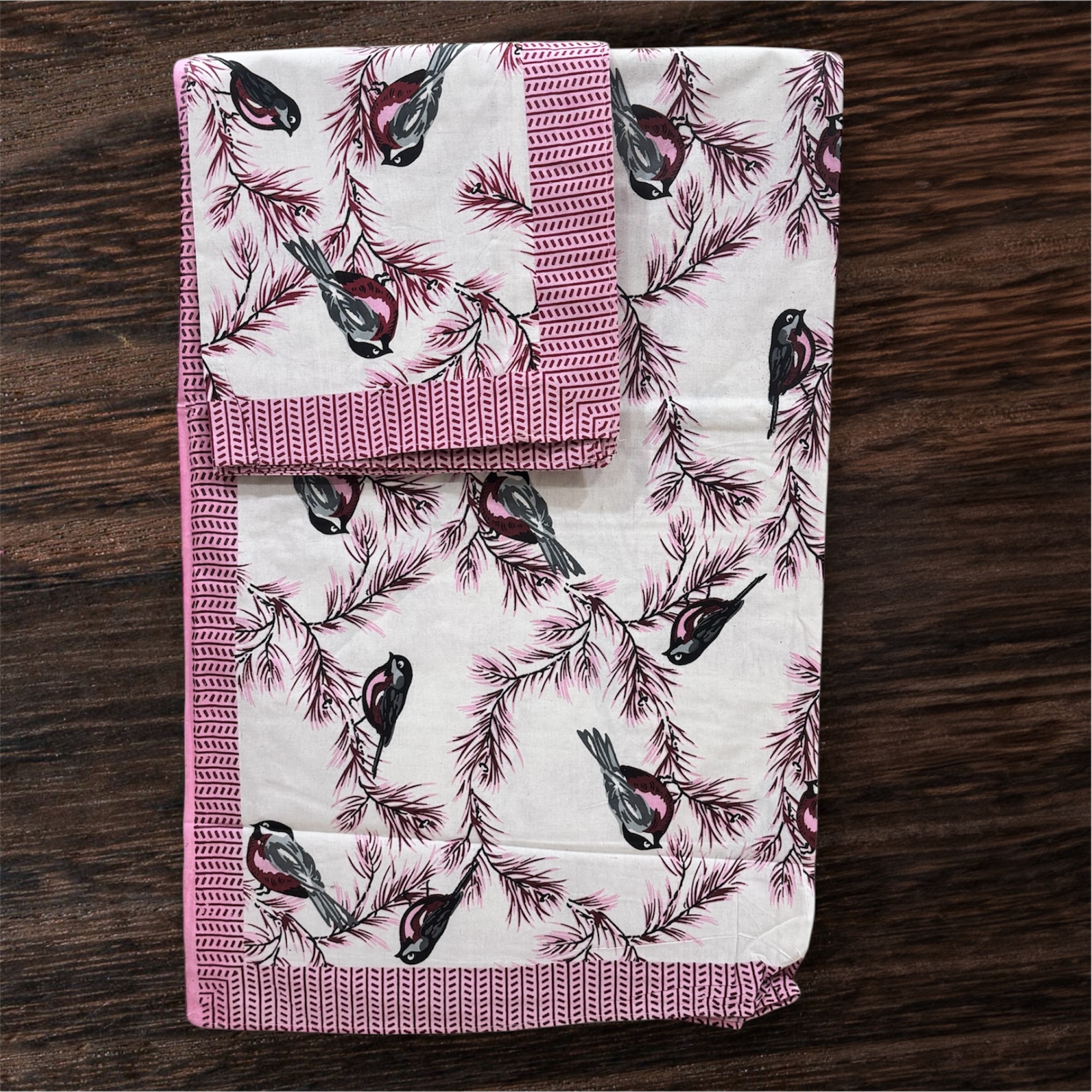 Pure Cotton Bird Print Double Bed Bedsheet Set, 93x108, with 2 Pillow Covers- Pink - Image 2