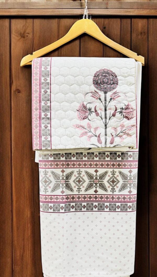 Premium Cotton Double Bedsheet Set with Quilted Pillows, White with Rajasthani Floral Print, Traditional Style, (90x100) - Image 5