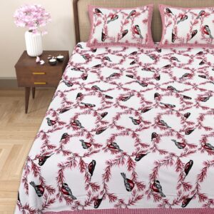 Pure Cotton Bird Print Double Bed Bedsheet Set, 93x108, with 2 Pillow Covers- Pink