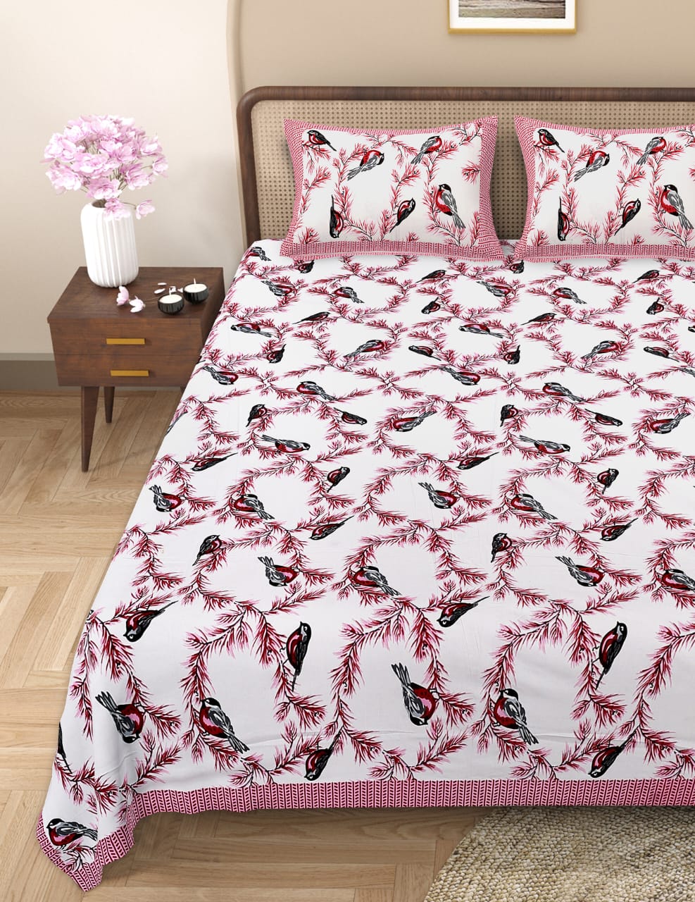 Pure Cotton Bird Print Double Bed Bedsheet Set, 93x108, with 2 Pillow Covers- Pink