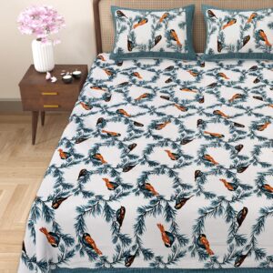 Pure Cotton Bird Print Double Bed Bedsheet Set, 93x108, with 2 Pillow Covers- Blue