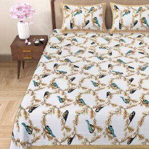 Pure Cotton Bird Print Double Bed Bedsheet Set, 93x108, with 2 Pillow Covers- Yellow
