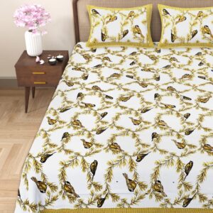 Pure Cotton Bird Prints Double Bed Bedsheet Set, 93x108, with 2 Pillow Covers- Brass