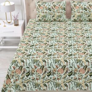 Pure Cotton Double Bedsheet Set, Green With Bird Floral Print, 95x108 inches, Traditional Style