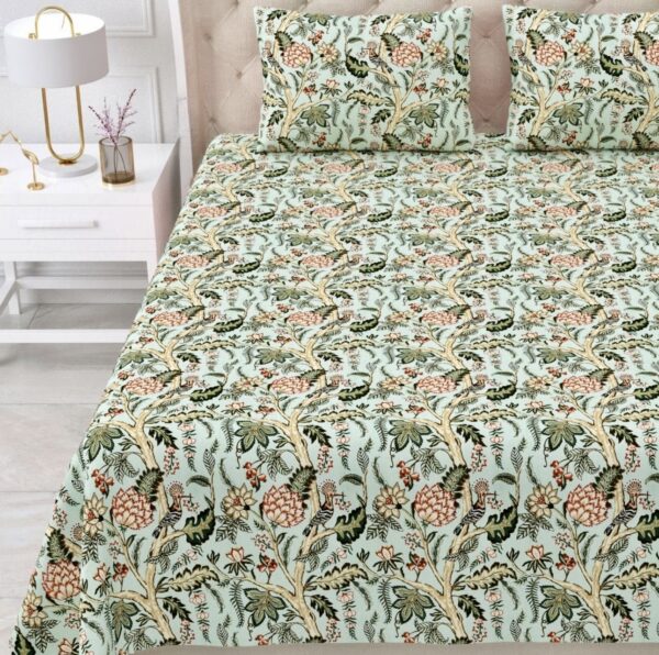Pure Cotton Double Bedsheet Set, Green With Bird Floral Print, 95x108 inches, Traditional Style