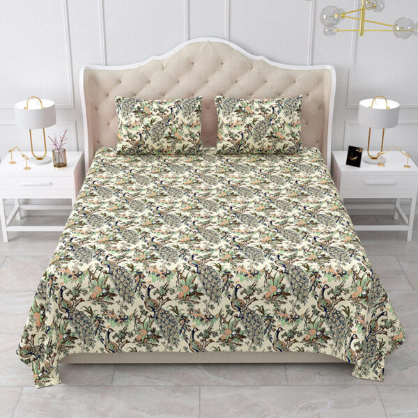Luxury Cotton Bedsheet Set with Peacock Floral Print, Green and Coral Pattern (95x108 inch) - Image 5