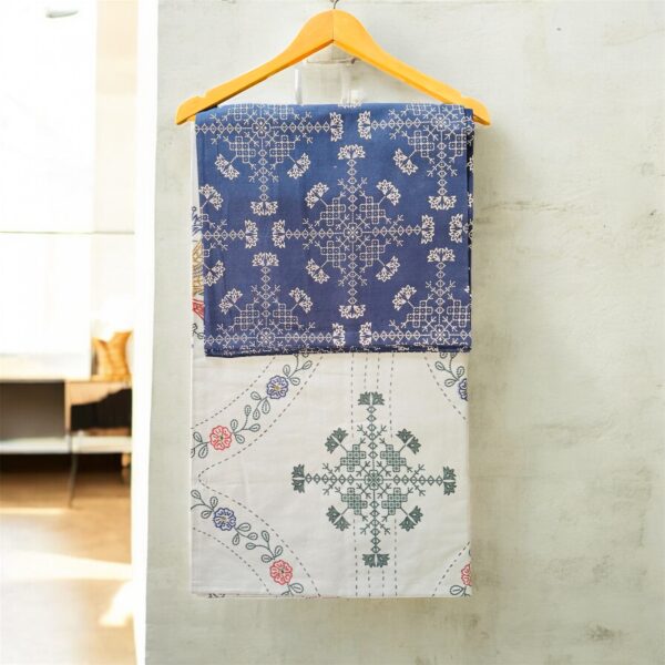 Floral Embroidered Soft Cotton Double Bedsheet, Grey with Blue Pillow Cases, Contemporary Design, 108x108 Inches - Image 2