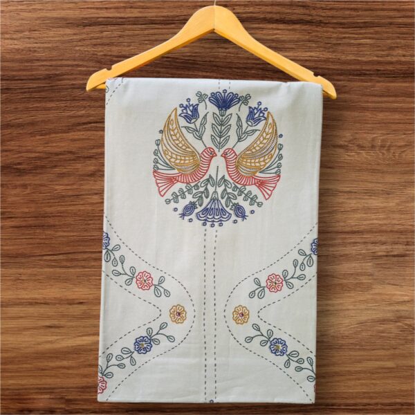 Floral Embroidered Soft Cotton Double Bedsheet, Grey with Blue Pillow Cases, Contemporary Design, 108x108 Inches - Image 4