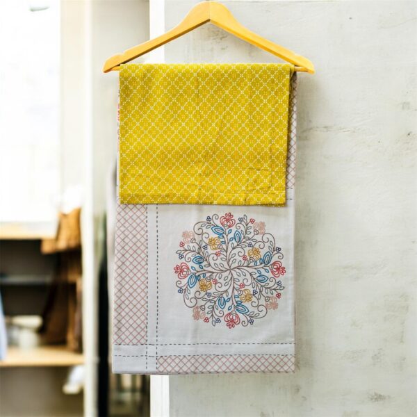 Floral Embroidered Soft Cotton Double Bedsheet, Grey with Mustard Pillow Cases, Contemporary Design, 108x108 Inches - Image 2