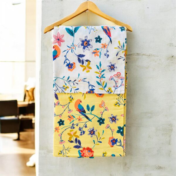 Luxury Cotton Double Bedsheet Set, Yellow with Birds Pattern, 95x108 Inches, 2 Pillowcases 18x28 Inches - Image 2