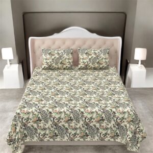 Luxury Cotton Bedsheet Set with Peacock Floral Print, Green and Coral Pattern (95x108 inch)