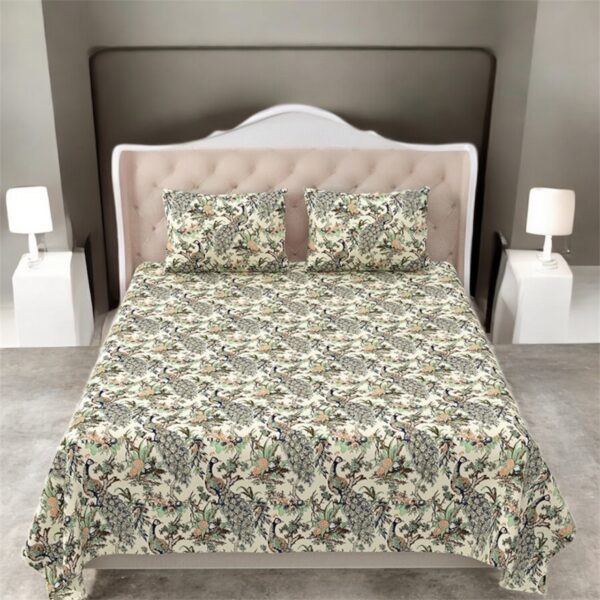 Luxury Cotton Bedsheet Set with Peacock Floral Print, Green and Coral Pattern (95x108 inch)