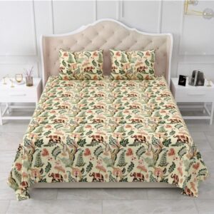 Luxury Cotton Bedsheet Set with Floral & elephant Print with yellow base (95x108 inch) with Pillow cases