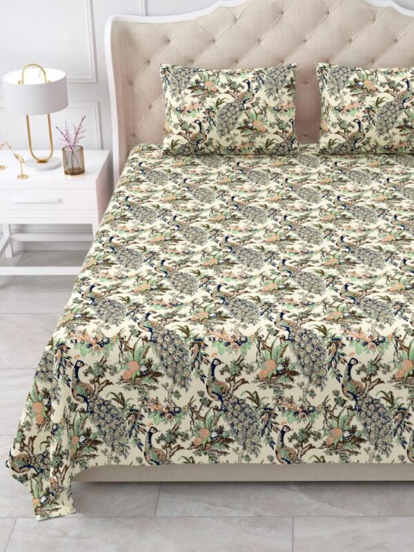 Luxury Cotton Bedsheet Set with Peacock Floral Print, Green and Coral Pattern (95x108 inch) - Image 7