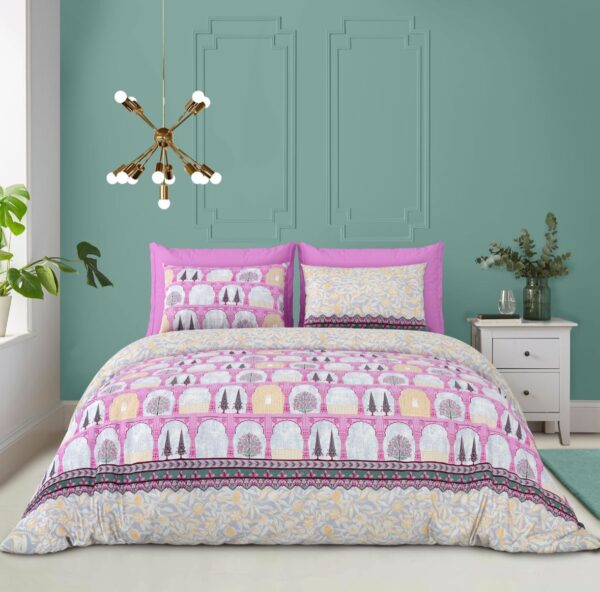 Luxury Double Bedsheet Set with Pillow Cases, Pink and Gold Floral Print, 108x108 Inch, Traditional Architectural Design