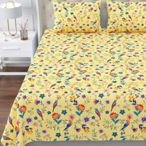 Luxury Cotton Double Bedsheet Set, Yellow with Birds Pattern, 95x108 Inches, 2 Pillowcases 18x28 Inches