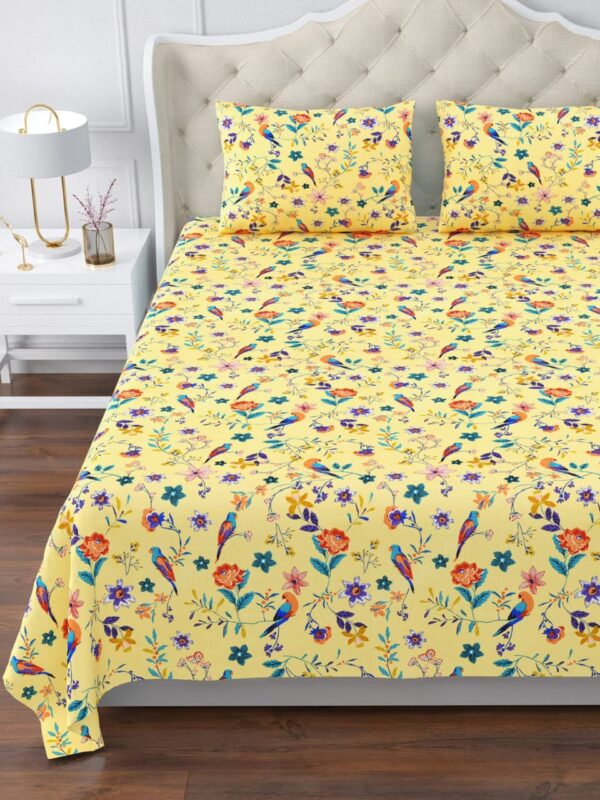 Luxury Cotton Double Bedsheet Set, Yellow with Birds Pattern, 95x108 Inches, 2 Pillowcases 18x28 Inches