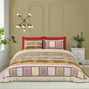Luxury Double Bedsheet Set with Pillow Cases, Red and Gold Print, 108x108 Inch, Traditional Architectural Design