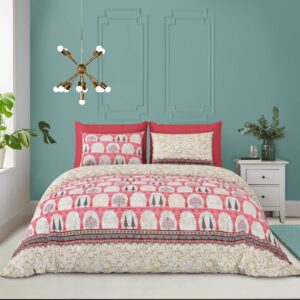 Luxury Double Bedsheet Set with Pillow Cases, Carrot and Gold Floral Print, 108x108 Inch, Traditional Architectural Design