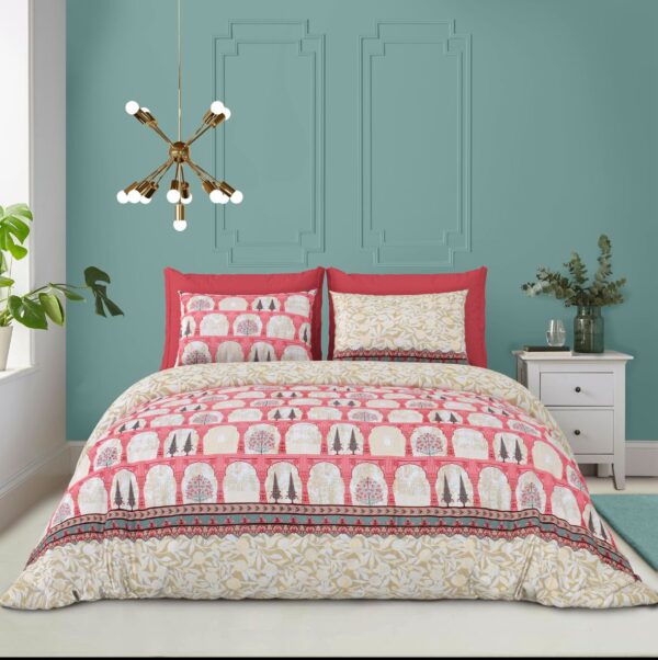 Luxury Double Bedsheet Set with Pillow Cases, Carrot and Gold Floral Print, 108x108 Inch, Traditional Architectural Design