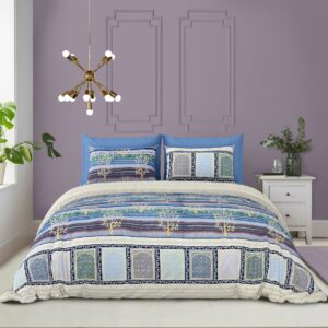 Luxury Double Bedsheet Set with Pillow Cases, Blue and Gold Print, 108x108 Inch, Traditional Architectural Design