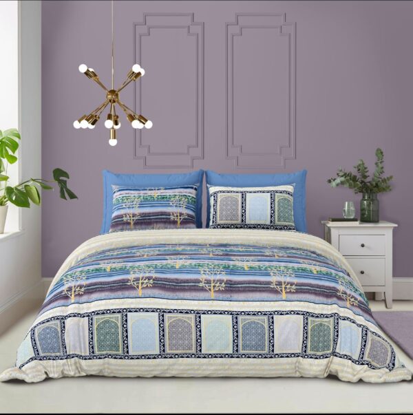 Luxury Double Bedsheet Set with Pillow Cases, Blue and Gold Print, 108x108 Inch, Traditional Architectural Design