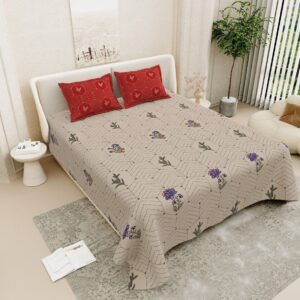 Floral Embroidered Soft Cotton Double Bedsheet, Brown with Red Pillow Cases, Contemporary Design, 108x108 Inches