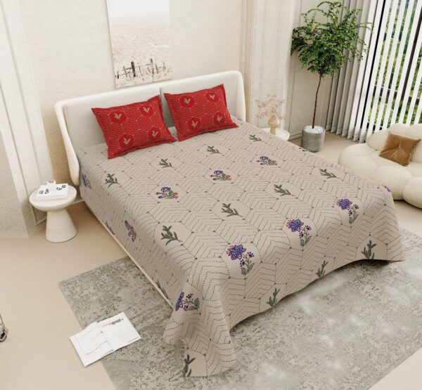 Floral Embroidered Soft Cotton Double Bedsheet, Brown with Red Pillow Cases, Contemporary Design, 108x108 Inches