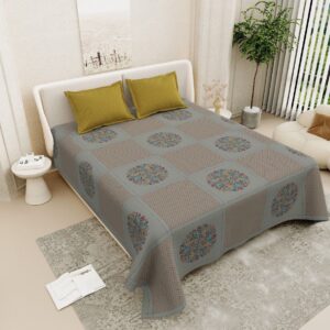 Floral Embroidered Soft Cotton Double Bedsheet, Grey with Mustard Pillow Cases, Contemporary Design, 108x108 Inches