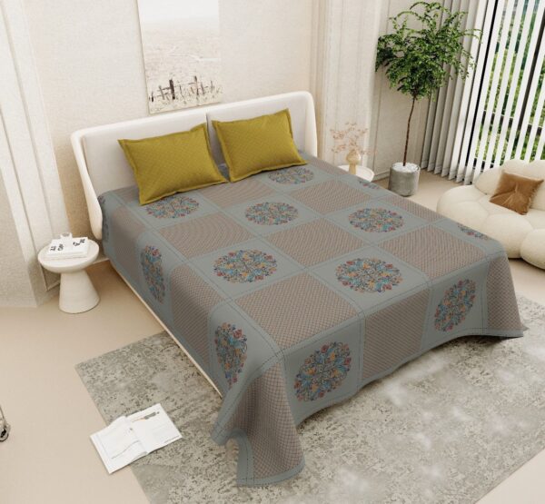 Floral Embroidered Soft Cotton Double Bedsheet, Grey with Mustard Pillow Cases, Contemporary Design, 108x108 Inches