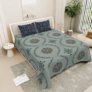 Floral Embroidered Soft Cotton Double Bedsheet, Grey with Blue Pillow Cases, Contemporary Design, 108x108 Inches