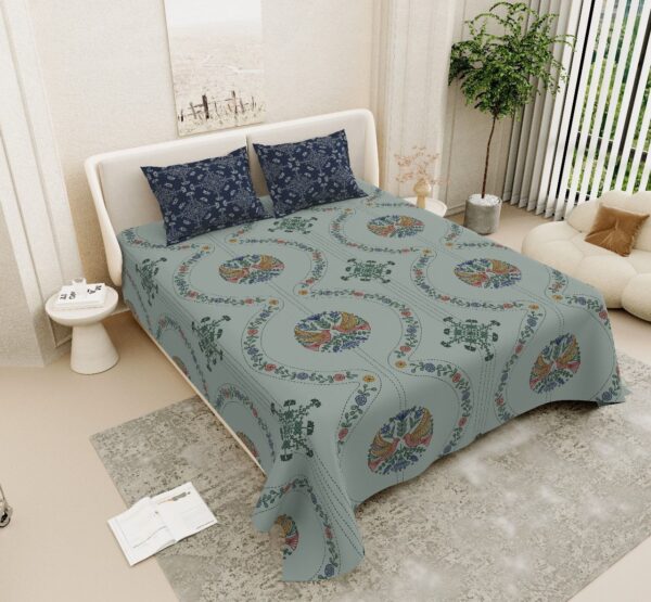 Floral Embroidered Soft Cotton Double Bedsheet, Grey with Blue Pillow Cases, Contemporary Design, 108x108 Inches