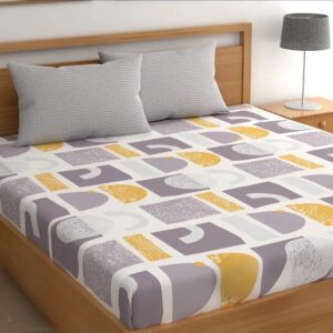 Premium Fitted Double Bed Sheet Set with 2 Contrast Pillow Covers, 108x108 Inches, Geometric White