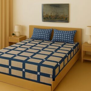 Premium Fitted Double Bed Sheet Set with 2 Contrast Pillow Covers, 108x108 Inches, Checked Beige