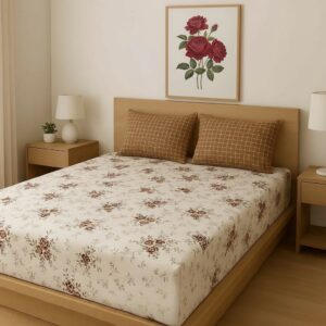 Premium Fitted Double Bed Sheet Set with 2 Contrast Pillow Covers, 108x108 Inches, Floral Cream