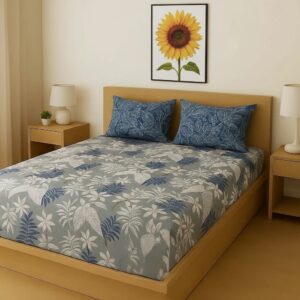 Premium Fitted Double Bed Sheet Set with 2 Contrast Pillow Covers, 108x108 Inches, Floral Grey