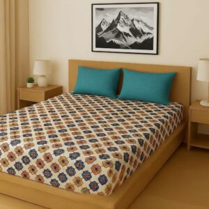 Premium Fitted Double Bed Sheet Set with 2 Contrast Pillow Covers, 108x108 Inches, Printed Multi