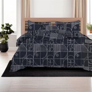 Premium Fitted Double Bed Sheet Set with 2 Pillow Covers, 108x108 Inches, Geometric Black