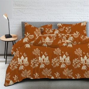 Premium Fitted Double Bed Sheet Set with 2 Pillow Covers, 108x108 Inches, Taj Motif - Brick Colour