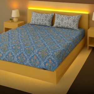 Premium Fitted Double Bed Sheet Set with 2 Contrast Pillow Covers, 108x108 Inches, Floral Blue