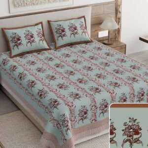 Teal Smoke Pure Cotton Premium Bedsheet Set with Red Floral Print with Brown Border, 108x108 Inches