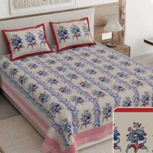 Smokey Beige Pure Cotton Premium Bedsheet Set with Blue Floral Print with Red Border, 108x108 Inches