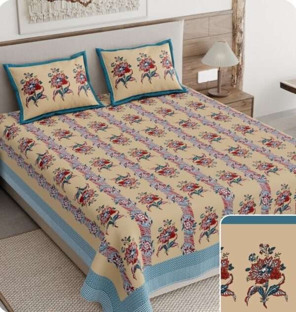 Tan Floral Pure Cotton Premium Bedsheet Set