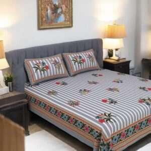 Pure Cotton Bedsheet with 2 Pillow Covers, Super King Size 108x108 Inches, Floral Stripe Design, Grey and White