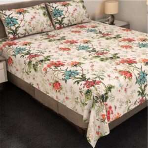 Pure Cotton Bedsheet Set, White with Multicolour Garden Print, Super King Size 275x275 cm, 3 Pieces