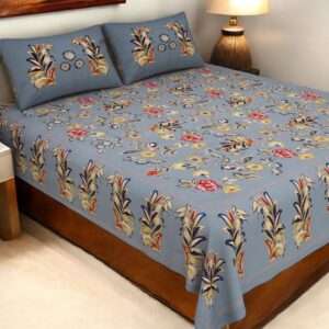 Pure Cotton Bedsheet Set, Grey Blue with Multicolour Floral Print, Super King Size 275x275 cm, 3 Pieces